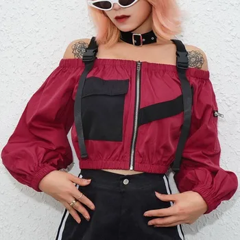 

Punk Style T Shirt Women Long Sleeve Wine Red Off Shoulder Shoulder Bandage Zipper Shirts Autumn Loose Short Tee Tops Feminino