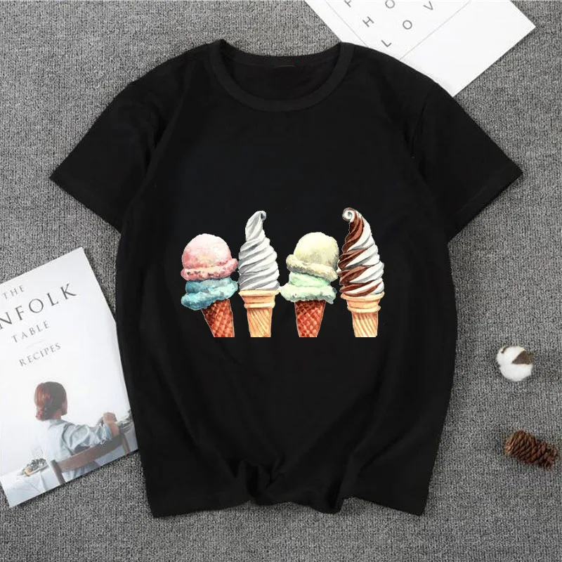 ZSIIBO/забавная футболка для мальчиков и девочек в стиле Харадзюку с принтом мороженого, Хлопковая женская футболка с круглым вырезом и короткими рукавами