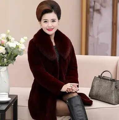 YAGENZ2019 зимняя женская куртка среднего возраста пальто из искусственного меха свободное теплое роскошное меховое пальто с меховым воротником черное меховое пальто большой размер 6XL - Цвет: Red wine