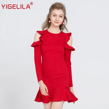 

YIGELILA Fashion Women Red Ruffles Mermaid Dress Autumn O-neck Full Sleeve Hollow Out Solid Bodycon Knee Length Dress 63246