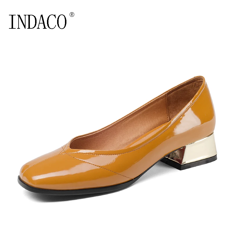 

2019 New Black Yellow Women Leather Low Heel Pumps Square Toe Patent Leather Slip on Spring Summer Shoes 3.5cm