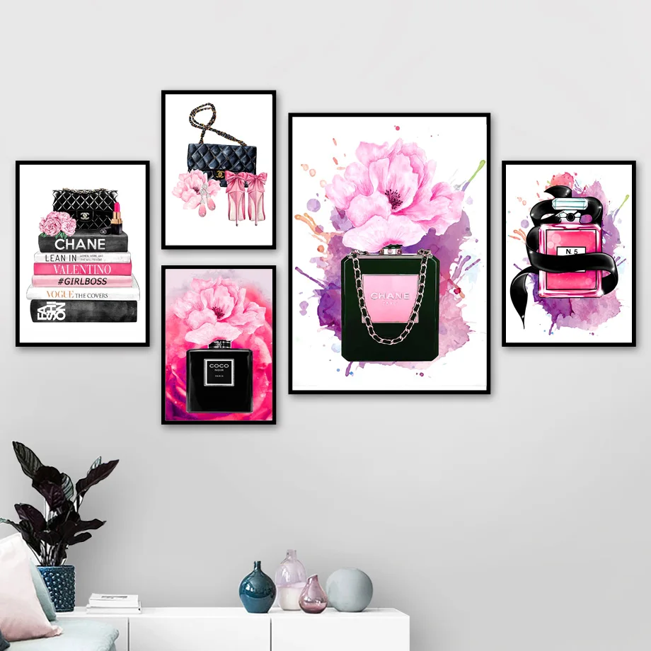

Pink Flower Paris Fashion Perfume Book Wall Art Canvas Painting Nordic Posters And Prints Girl Wall Pictures For Living Room