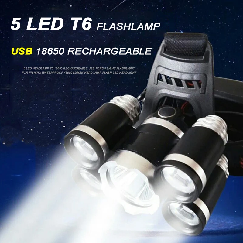 

5 LED Headlamp T6 Flashlight 18650 Rechargeable 5000LM 4 Mode USB Torch Head Lamp Light Waterproof Fishing Flash Headlight