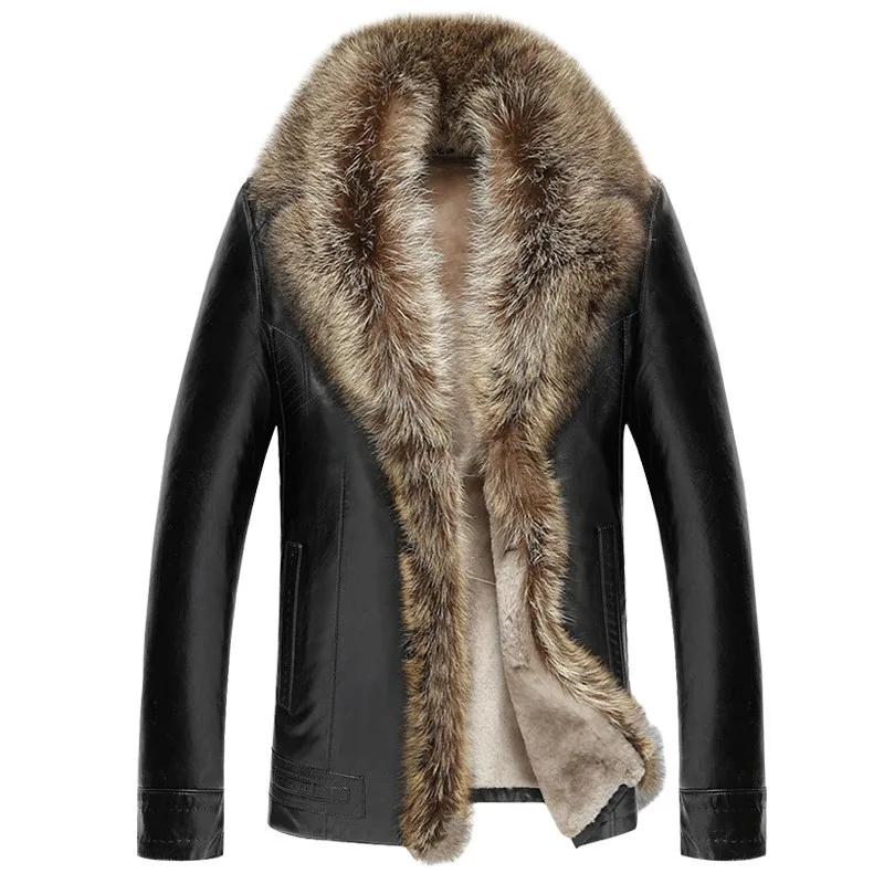 Winter Men Thick Wool Lining Leather Jacket Warm Fur Collar Overcoat Business Man Plus Size 5XL Coat Slim Fit Moto Biker Jackets