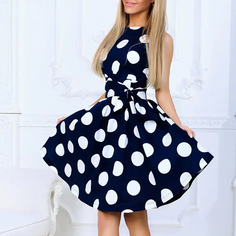 Summer Sleeveless Polka Dot Dress Women Elegant Work Vestidos Casual Dot Print A-Line Vintage Dress WS8165C