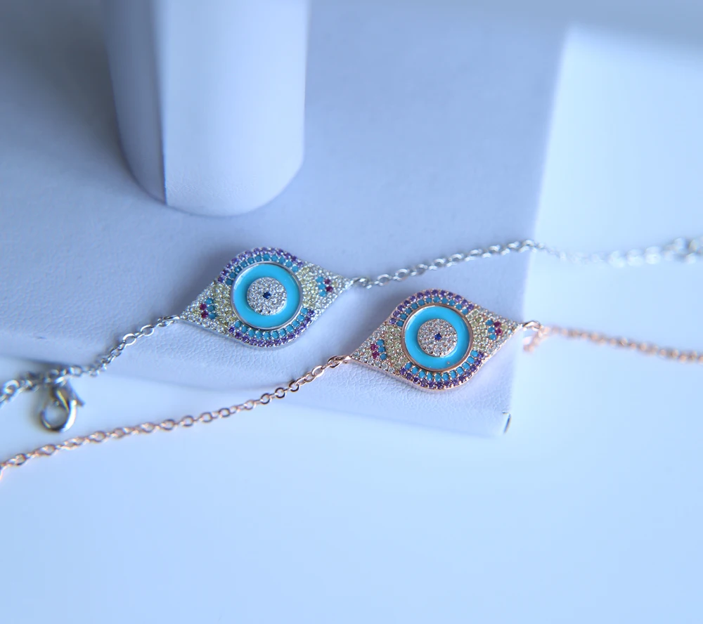 

Top Quality gold color Bright multi color girl summer jewelr evil eye cross chain Sky blue bracelets