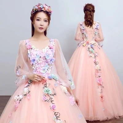 

Hot Light Pale Pink/4 Color Fairy Long Sleeve Cosplay Ball Gown Royal Princess Medieval Renaissance Victorian Dress Belle