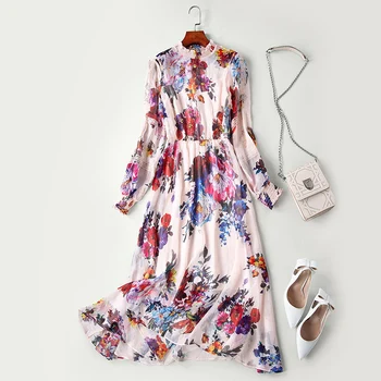 

New European and American high end brand runway looks long sleeve nail bead elastic waist printed chiffon dress sweet