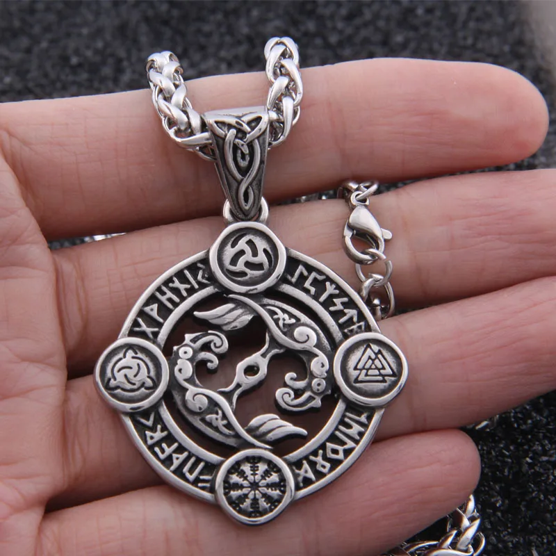 

dropshipping stainless steel Viking 24 rune raven pendant necklace norse odin viking necklace Men gift