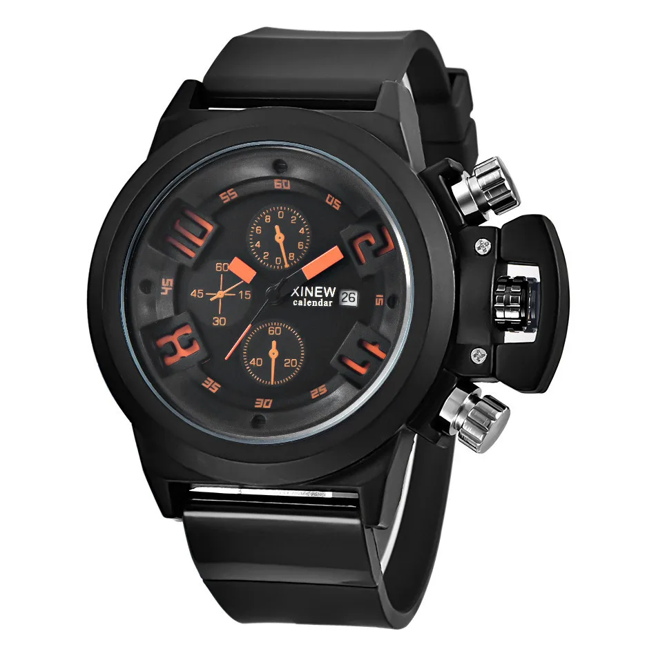 

XINEW Original Mens Watches Big face watches Mens luxury Silica Sport Date Chronograph Analog Quartz Wrist Watch Waterproof 2019