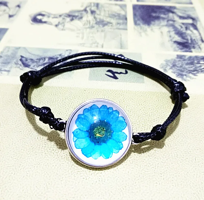 

24pcs/lot(Mixed 12 models) Dry flowers, daisies bracelets Round Glass Cabochon Cartoon Leather Bracelet Bangle for girls