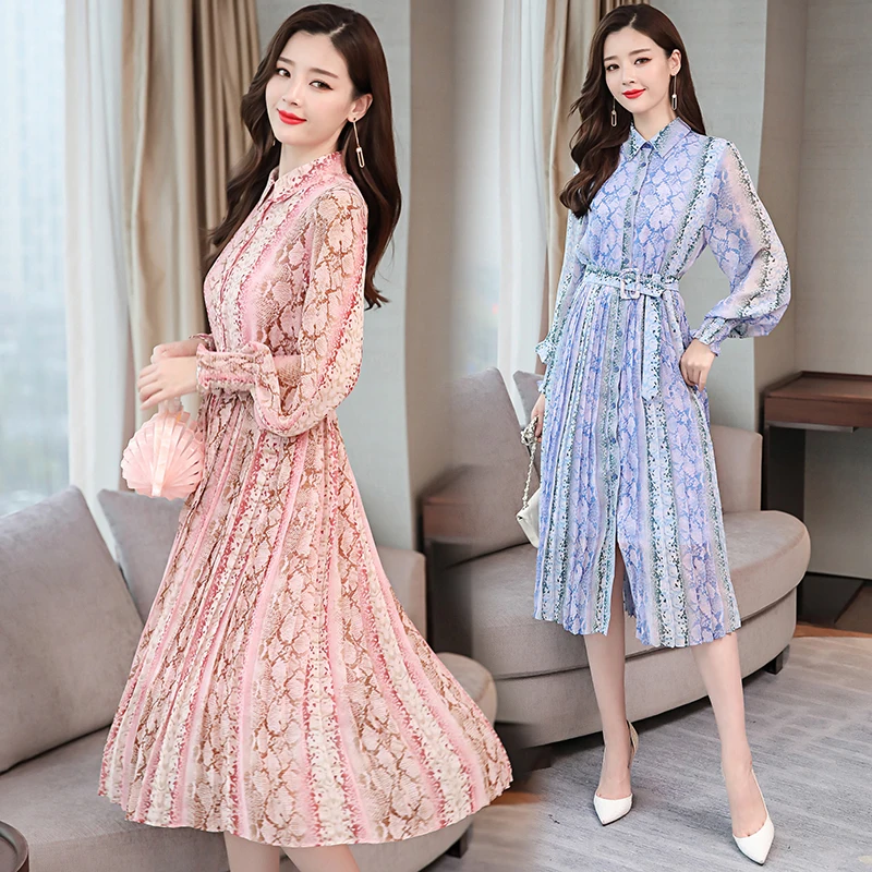 Женское шифоновое платье с длинным рукавом и отложным воротником офисное весна