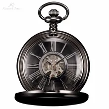 KS Negro Gear Romana Analógica Esqueleto Transparente Reloj de Bolsillo Mecánico Del Steampunk Colgante Joyería de La Cadena de la Mano del Viento Watch/KSP035