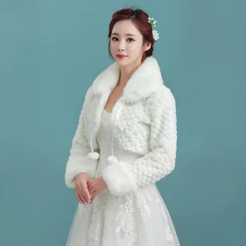 

NZUK White Short Wedding Jacket Wraps with Long Sleeves for Bridal Winter Formal Dresses Cape Warm Cloaks White Faux Fur Bolero