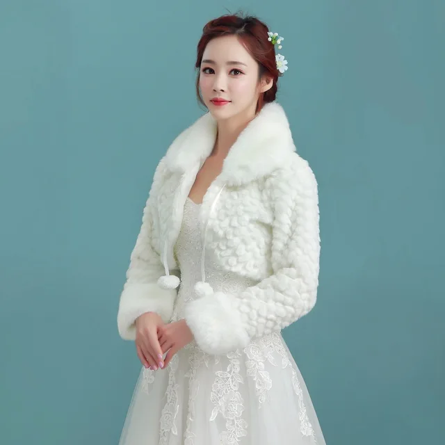 Best Product NZUK White Short Wedding Jacket Wraps with Long Sleeves for Bridal Winter Formal Dresses Cape Warm Cloaks White Faux Fur Bolero