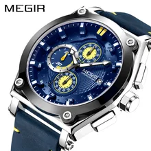 MEGIR, синие кварцевые мужские часы, Топ бренд, кожаный ремешок, хронограф, спортивные наручные часы, мужские часы, Relogio Masculino, Reloj Hombre