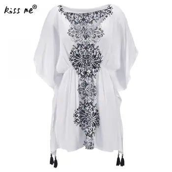 

Folk Style Cotton Swimming Cover Ups Short Beach Dress Summer Deep V Tummy Drawstring Beach Wear Bikini Cover Up Sarong Tunic