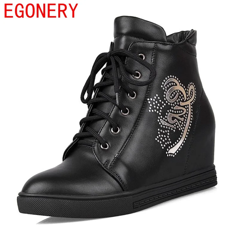 

EGONERY shoes 2017 women ankle boots riding equestrian boots casual style side zipper white round toe wedges women lace shoes