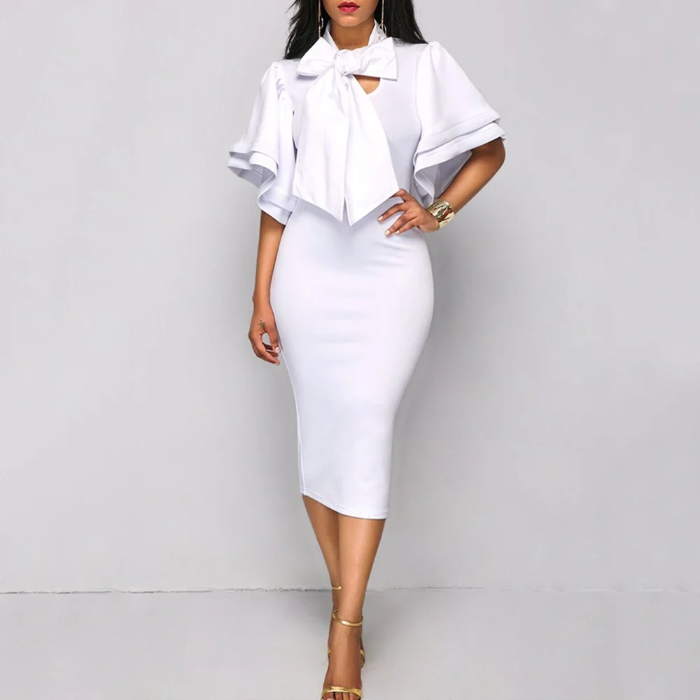 

Women Bodycon Dress Bow Collar Sheath Butterfly Pagoda Sleeve Slim African Style Robe Office Lady Fashion Chic Elegant Vestidos