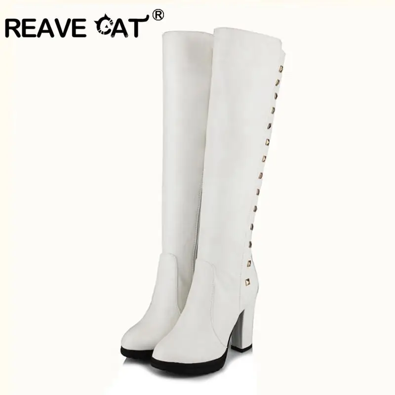 REAVE CAT/зимняя кожаная обувь женские сапоги до колена на молнии с круглым носком