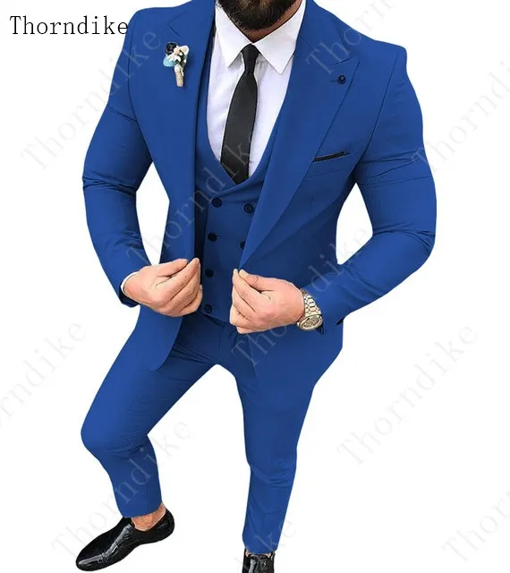 

Thorndike 2019 Custom Royal Blue Burgundy Purple Groom Tuxedos Peaked Lapel Men Wedding Suits Slim Fit Single Breasted suit men