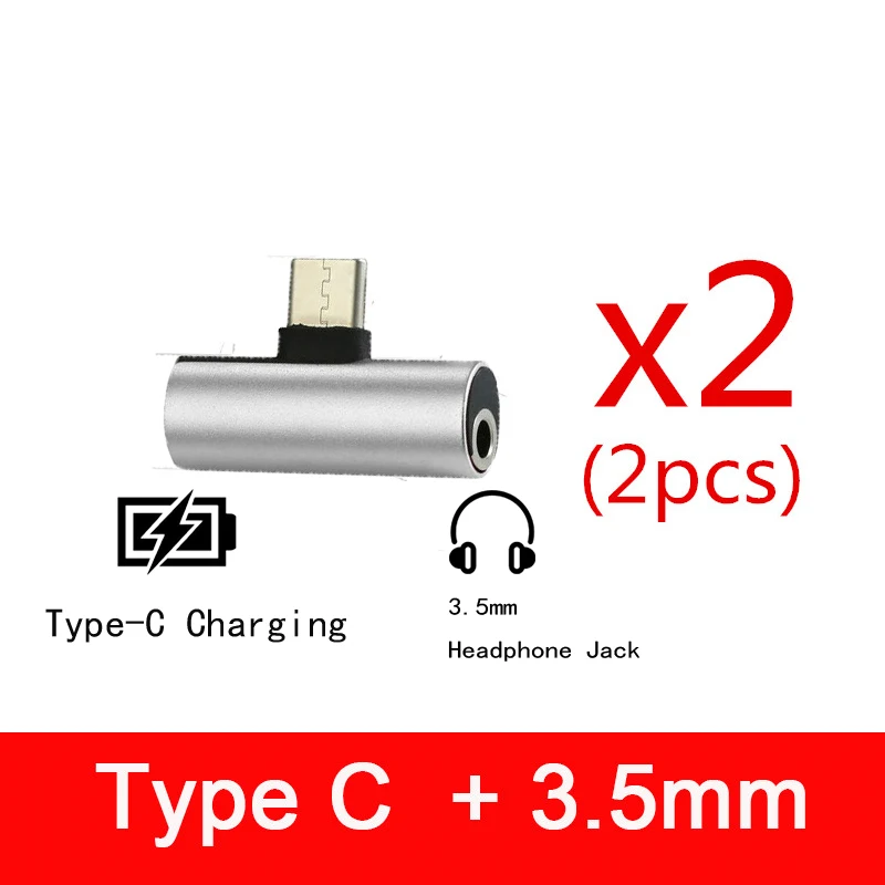 Двойные наушники 3,5 мм разъем тип c 2 в 1 аудио зарядное устройство для OnePlus 6T 7 Pro 7 P чехол аудио Chraging USB C кабель - Цвет: 2pcs Silver