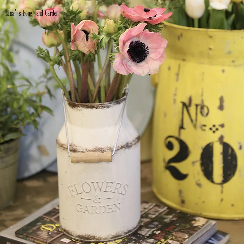 waterproof vintage aged white small handcrafted old metal milk jug flower display (2)