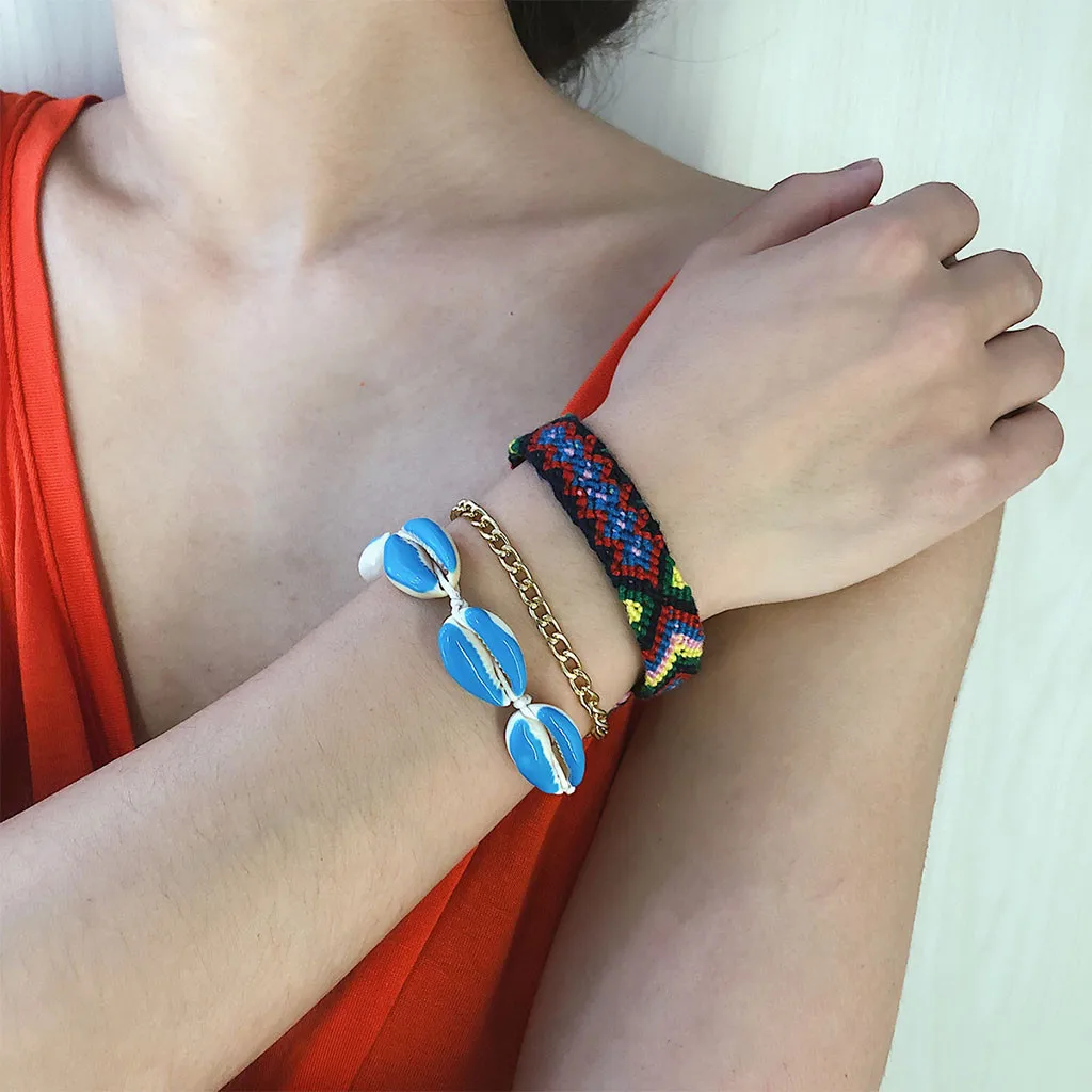 

personality National Wind Weave Painting Oil Shell Bracelets Women's Three-piece Suit adjustable Lengthen 30H