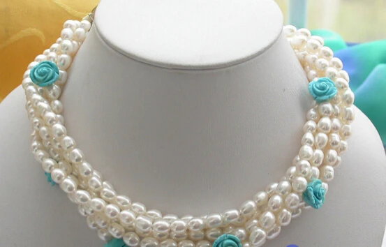

FREE SHIPPING>@@> N2890 6ROW WHITE RICE FRESHWATER PEARL turquoise flower NECKLACE