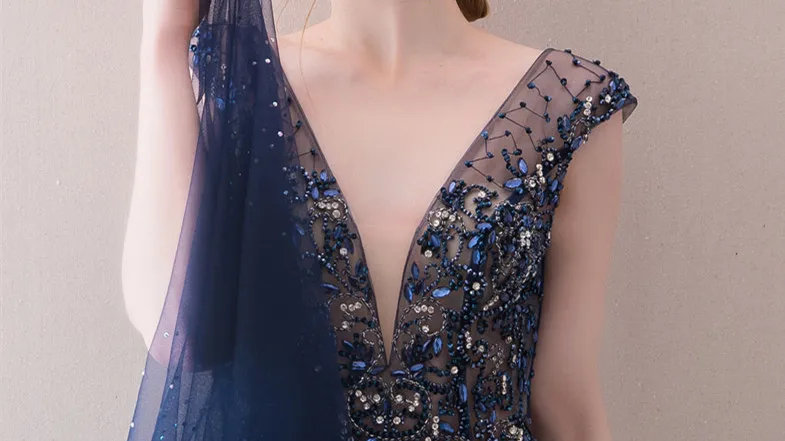 Vestido de festa, вечернее платье русалки, длинное платье с v-образным вырезом, темно-синий тюль с бисером, вечернее платье, элегантное,, Robe De Soiree