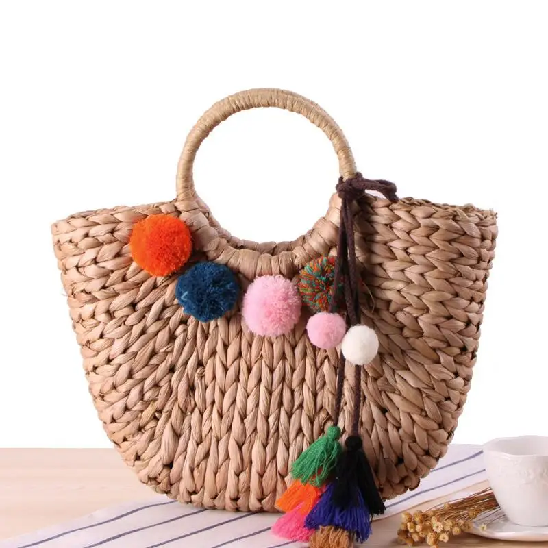

New Summer Pompon Beach Bag Straw Tote Handmade Colorful Fur Hair Ball Shoulder Rattan Large Fashion Women Girls Tassel Bucket