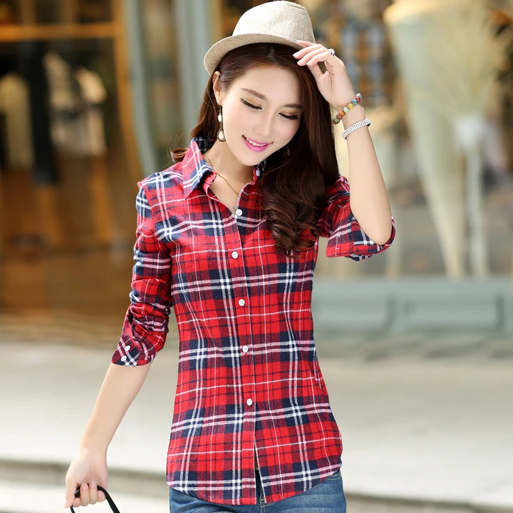 2017 Otoño Nueva Llegada de Franela A Cuadros Camisa Algodón Ocasional de Las Mujeres Más El Tamaño de Larga Blusas Camisas Ropa de La Muchacha Estilo de la Universidad|flannel plaid