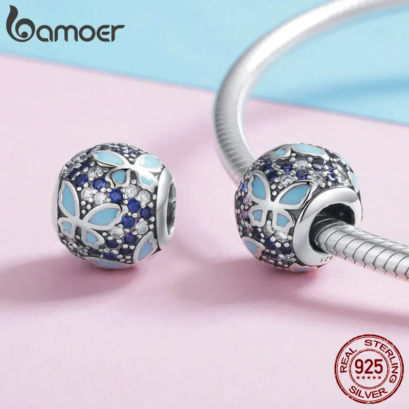 Günstige BAMOER Neue Ankunft 925 Sterling Silber Schmetterling Traum Blau Emaille Klar CZ Charme Perlen fit Armbänder Halsketten Schmuck SCC931