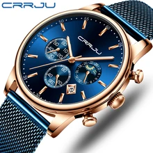 Топ люксовый бренд CRRJU мужские часы модные хронограф сетчатый ремешок Часы повседневные синие водонепроницаемые спортивные наручные часы с фазой Луны