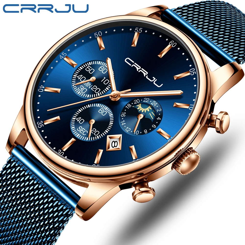 Billige Top Luxus Marke CRRJU Männer Uhr Mode Chronograph Mesh Armband Uhr Casual Blau Wasserdicht Sport Armbanduhr mit Mond Phase