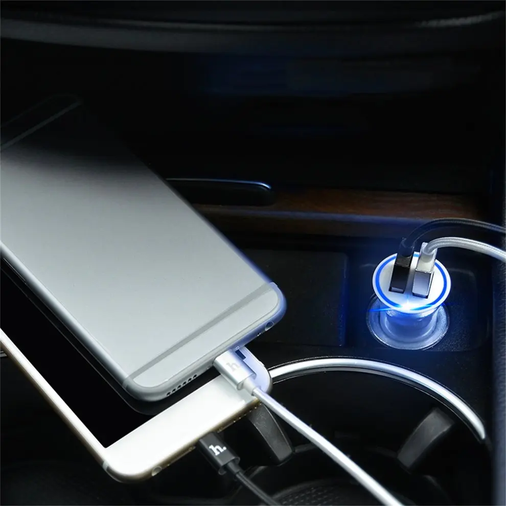 

White Dual USB Port Car Charger LED Light Quick Charging DC 12-24V 2.4A