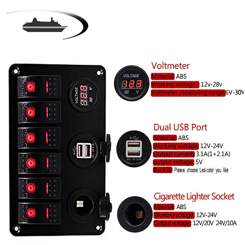 

6 Gang LED Boat Rocker Switch Panel Dual USB Charger Socket Power Outlet Voltmeter Car Marine Boat New DXY88 Toggle
