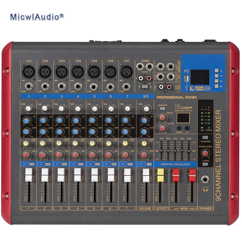 

Pro 9-Channel Power Digital Mixer Amplifier and Microphone Mixing Sound Console 2 in 1 Function 1200 Watts