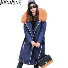 AYUNSUE/зимняя куртка с воротником из натурального меха енота, женская верхняя одежда, теплые женские пуховики на молнии с капюшоном, ST256