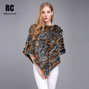 

[Rancyword] Winter Warm Shawl Poncho For Women Knitted Real Rabbit Fur Shouder Pashmina Capes Lady Natural Fur Wraps RC1257