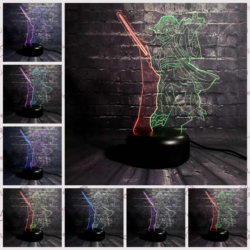 Nueva lámpara 3D dibujos animados Star Wars Yoda jedis líder espada Multicolor Led luz nocturna chico mesa de juguete táctil Lampara creativa