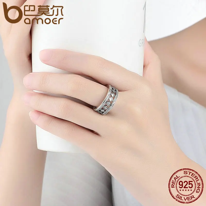 BAMOER Hot Sale 925 Sterling Silver Square Vintage Fascination, Clear CZ Big Ring For Women Luxury Fashion Jewelry S925 PA7601