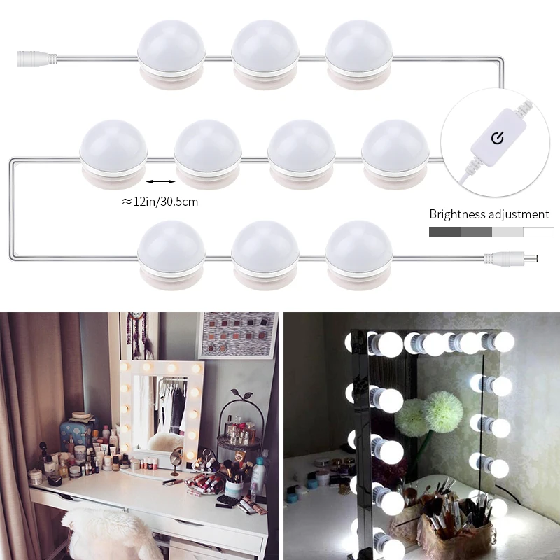 

Led Bulb Chain 12V Makeup Mirror Led String Light 6 10 14 Bulbs 85-265V Vanity Bathroom Tabletop Mirror Wall Lamp Sticky Tape