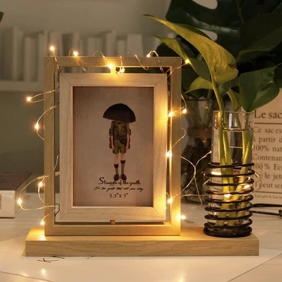 

Creative double-sided photo frame 5 inch Nordic office desk water culture rotating table LED lights decorative photo frame