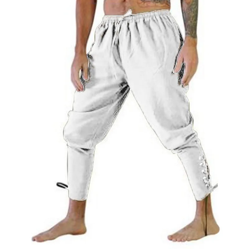 SHUJIN Мужской Ретро средневековый костюм на шнуровке бандажные штаны Larp капри брюки винтажные хлопковые Джоггеры для мужчин быстросохнущие повседневные 3XL - Цвет: white
