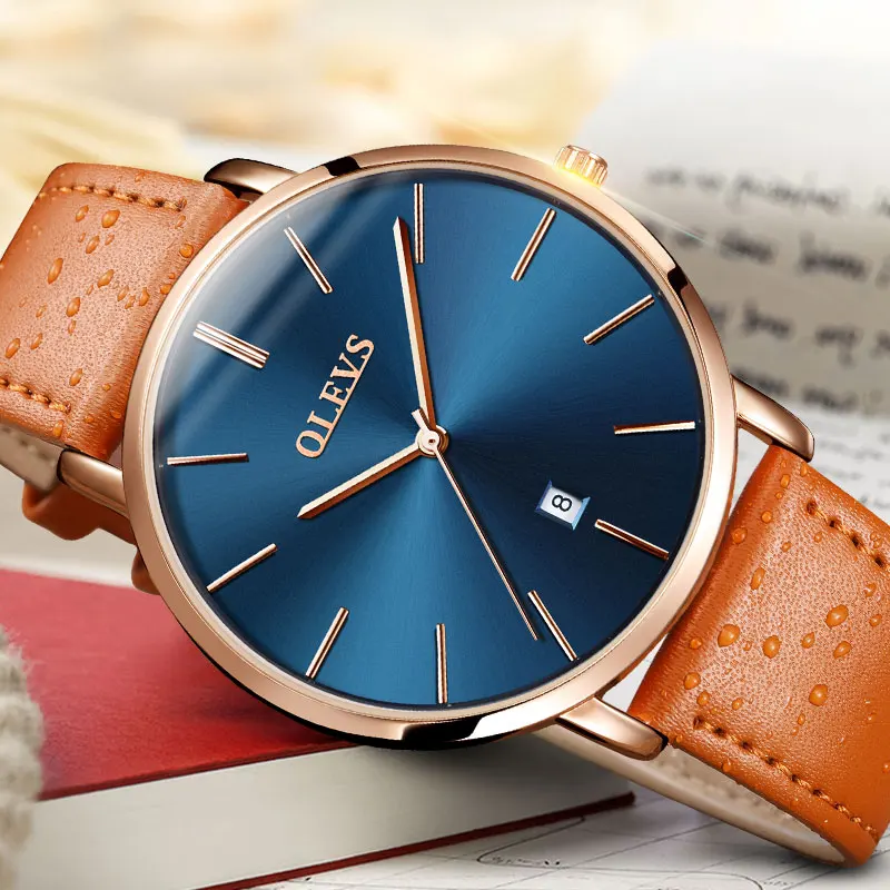 ساعات أوتوماتيكية الرجال الرياضة الترا رقيقة ووتش OLEVS المعصم ساعات كوارتز السباحة ضد الماء جلد ساعة erkek kol saati 2018