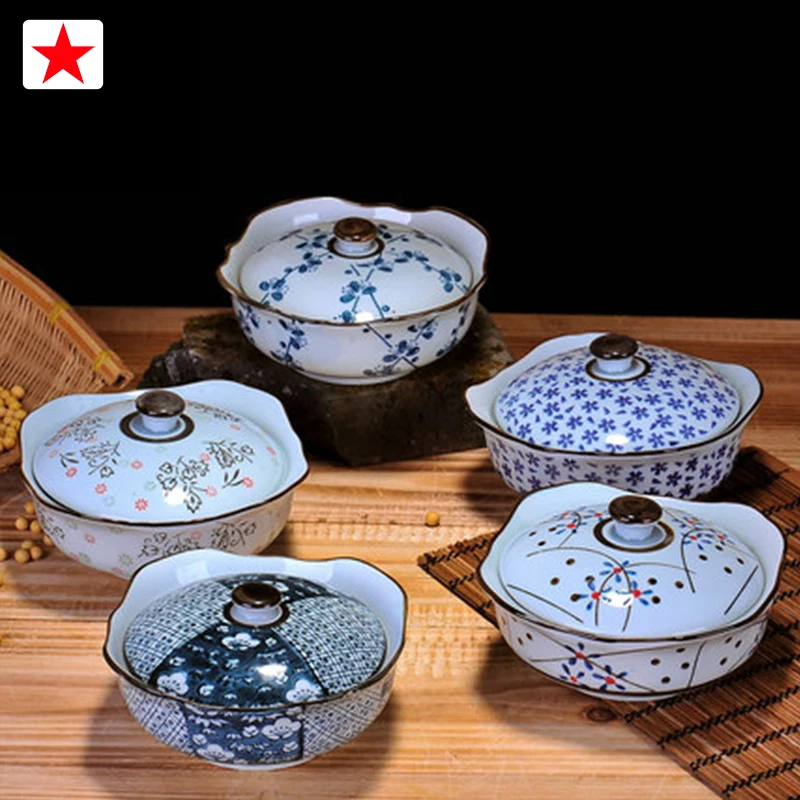 Japanese style steamed egg bowl ceramic rice bowl with lid of dessert