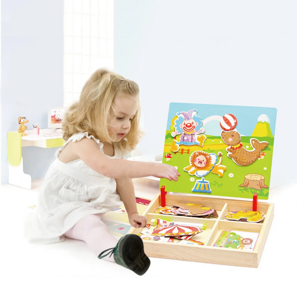 

100+Pcs Wooden Magnetic Puzzle Toys Children 3D Puzzle Figure/Animals/ Vehicle /Circus Drawing Board Educational Toys For Kids