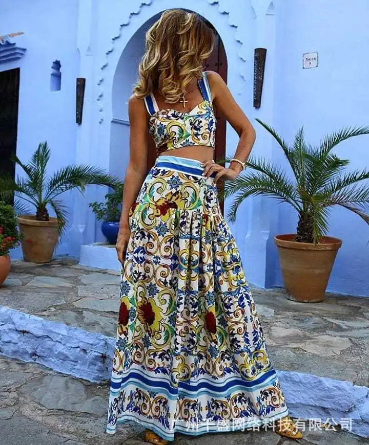 Boho New Women Two Piece Set Sexy Crop Tops and Long Skirt Short Floral Print Suits Bohemian High Waist Casual Flower Print Set