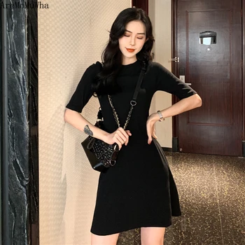 

AreMoMuWha 019 Spring Summer New Korean Version of The Bottom Round Neck Waist Was Thin Solid Color Wild Dress Casual Women's941